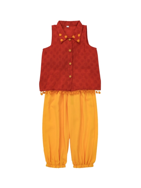

The Magic Wand Girls Red & Yellow Self Design Top with Dhoti Pants