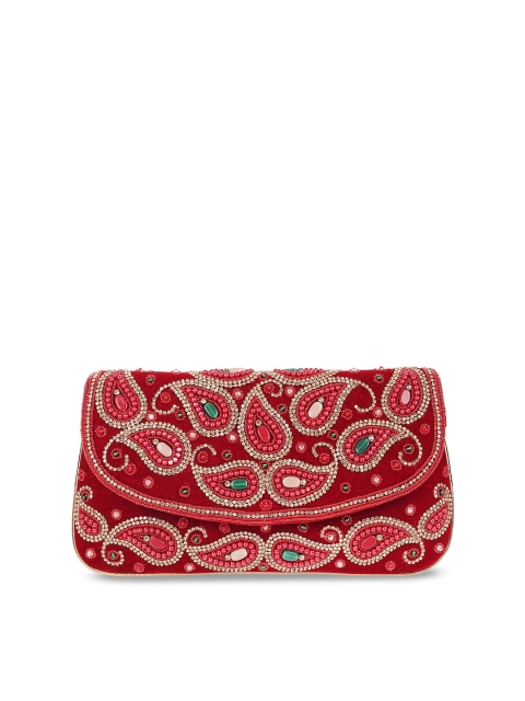 

Mochi Maroon & Gold-Toned Embellished Embellished Clutch
