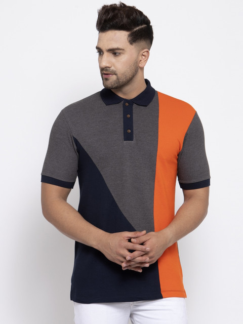 

Kalt Men Navy Blue & Charcoal Grey Colourblocked Polo Collar T-shirt
