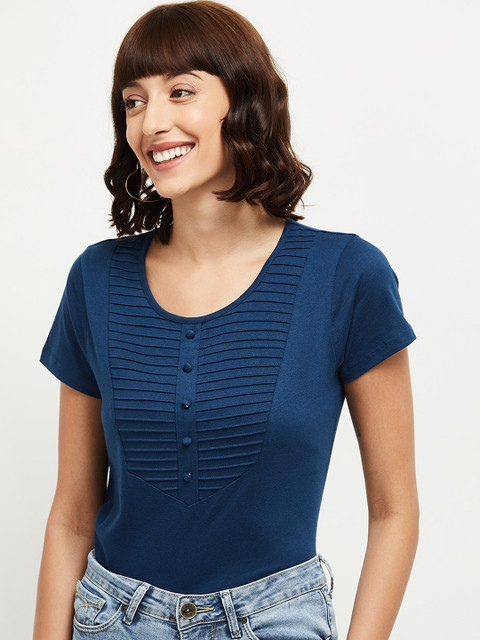 

max Women Navy Blue Solid Scoop Neck Cotton Pure Cotton T-shirt