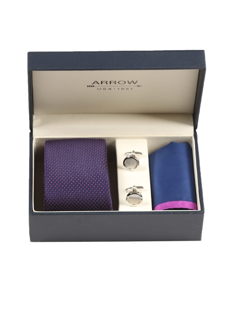 

Arrow Men Navy Blue & Silver Tie Pocket Square And Cufflinks Set