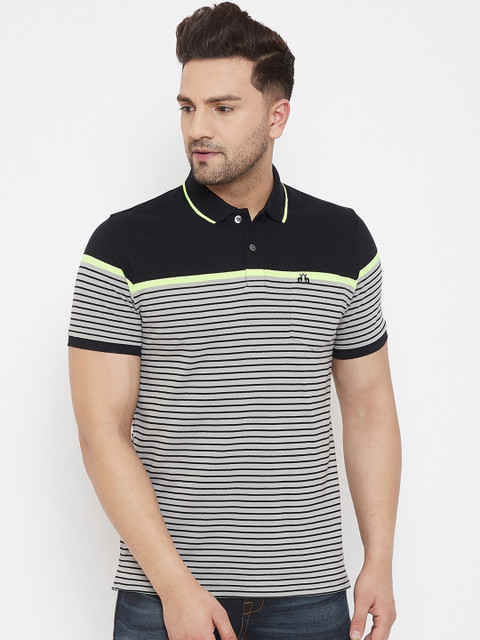 

98 Degree North Men Black Striped Polo Collar T-shirt