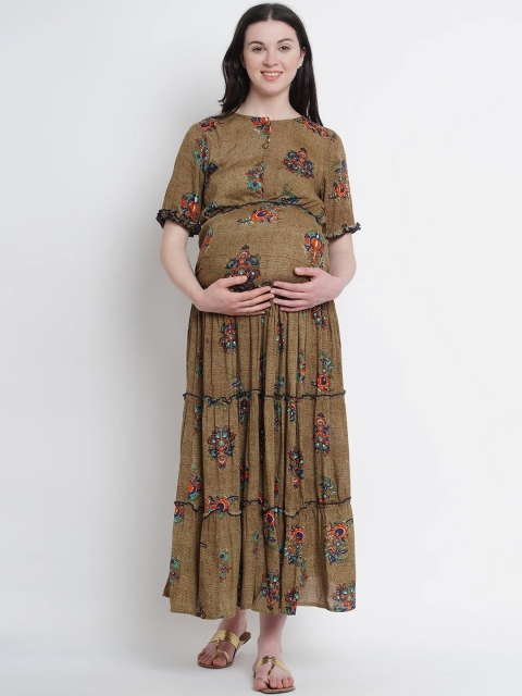 

Mine4Nine Women Olive Green Printed Maternity Maxi Dress