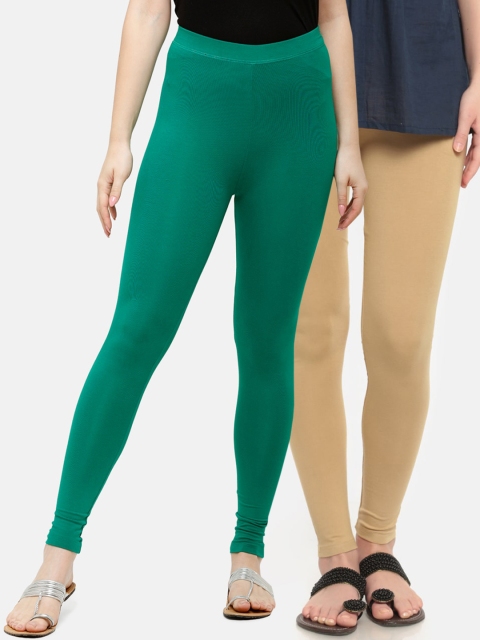 

De Moza Women Pack Of 2 Beige & Green Solid Ankle-Length Leggings