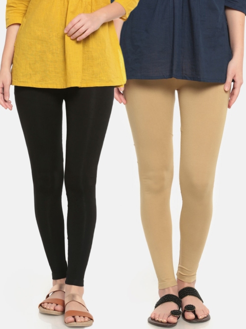 

De Moza Women Pack Of 2 Black & Beige Solid Ankle-Length Leggings