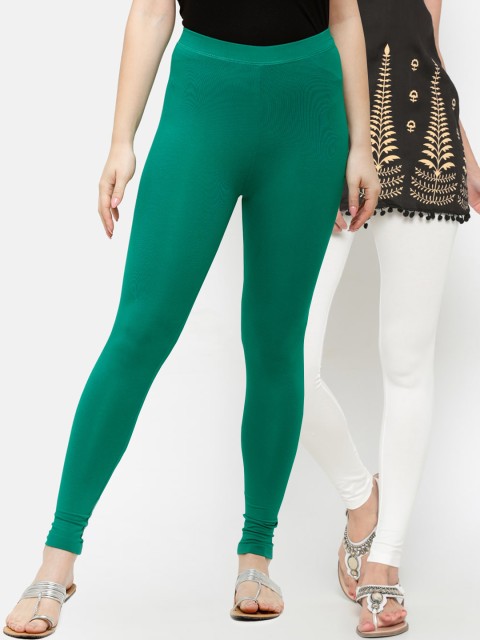 

De Moza Women Pack Of 2 Off White & Green Solid Ankle-Length Leggings
