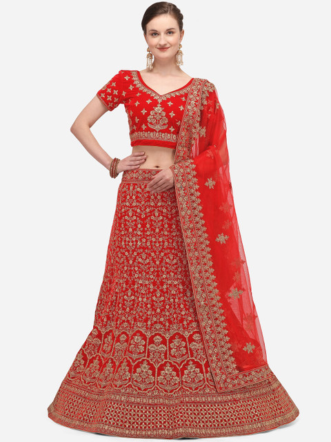 

V SALES Red & Gold Embellished Semi-Stitched Lehenga & Unstitched Blouse with Dupatta