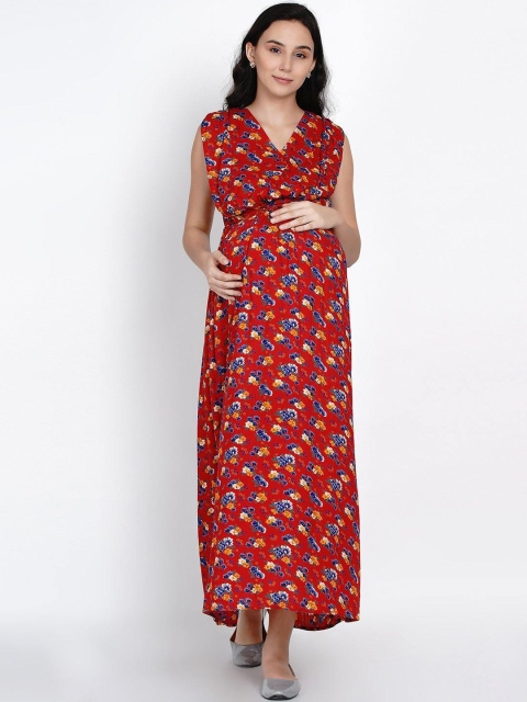 

Mine4Nine Women Maroon Printed Maternity Maxi Dress