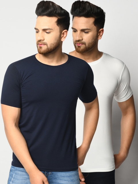 

ELEGANCE Men Pack Of 2 Navy Blue & White Solid Round Neck T-shirt