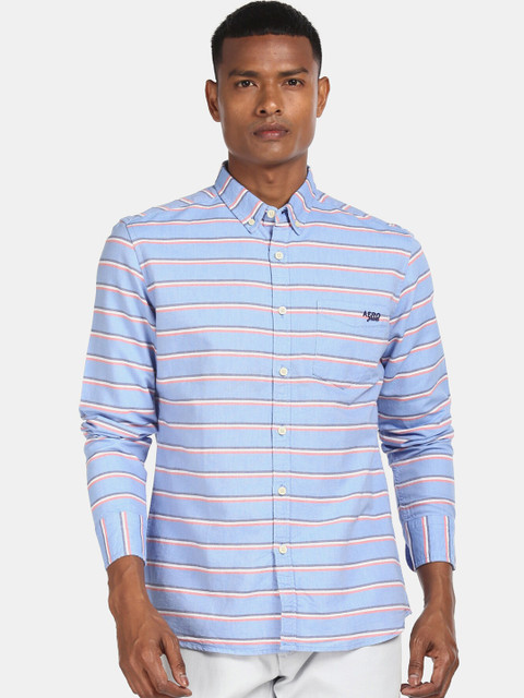 

Aeropostale Men Blue Regular Fit Striped Casual Cotton Shirt