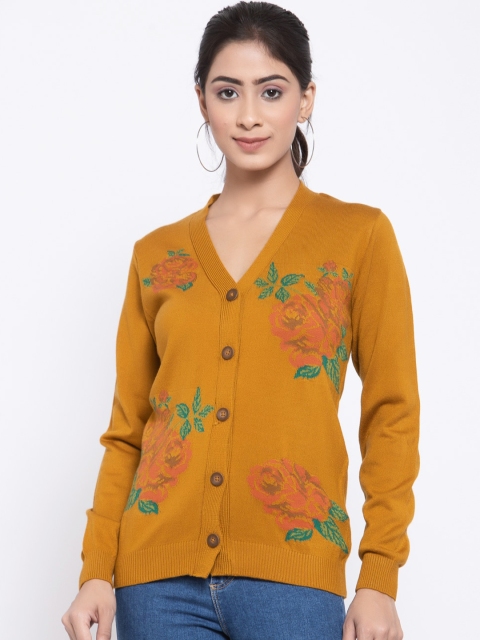 

Kalt Women Mustard Yellow Printed Cardigan Sweater