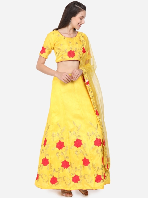 

SAADHVI Yellow & Red Embroidered Unstitched Lehenga & Blouse with Dupatta
