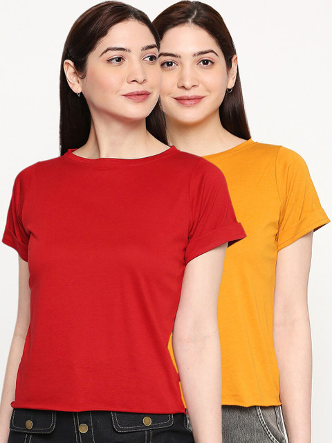 

inocenCia Women Pack Of 2 Solid Boat Neck T-shirts, Red