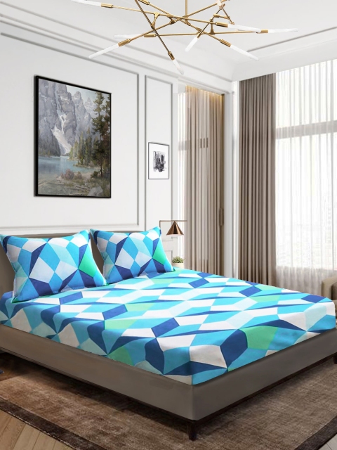 

Aura Sea Green & Blue Geometric 144 TC Cotton 1 Queen Bedsheet with 2 Pillow Covers