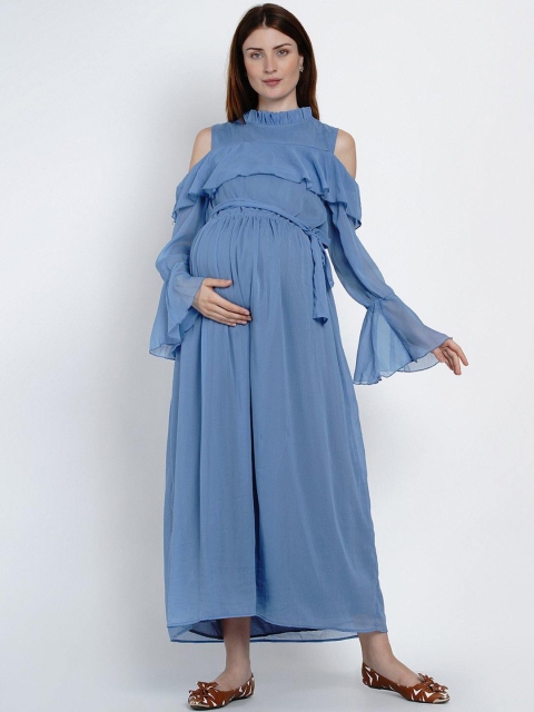 

Mine4Nine Women Blue Solid Maternity Maxi Maternity Dress