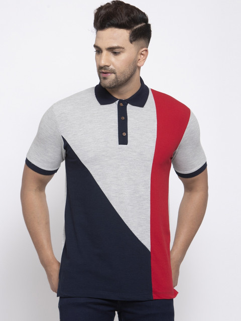 

Kalt Men Navy Blue & Grey Colourblocked Polo Collar T-shirt