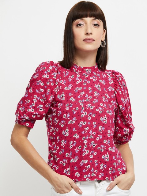

max Fuchsia Floral Printed Puff Sleeves Top