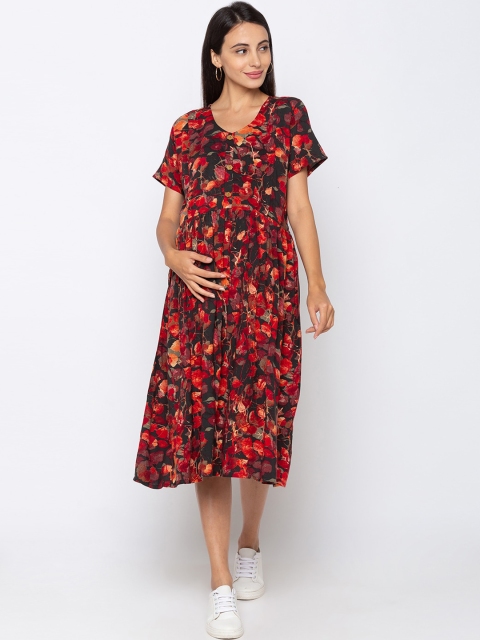 

MomToBe Women Black Printed Fit and Flare Maternity & Feeding Dress