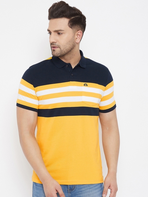 

98 Degree North Men Yellow Striped Polo Collar T-shirt