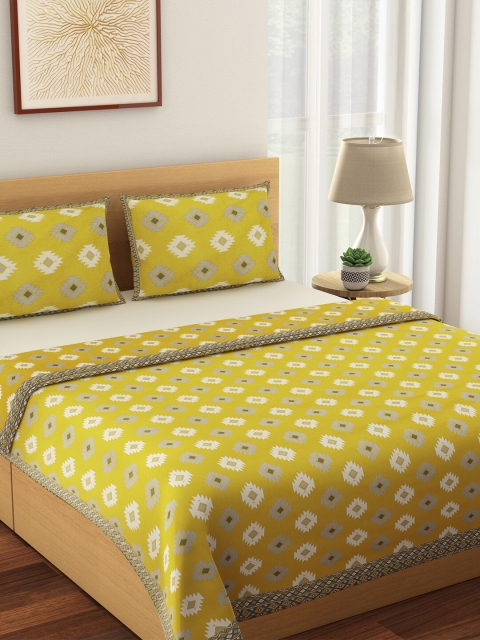 

Living scapes by Pantaloons by Pantaloons by Pantaloons Yellow & White Geometric Printed Queen Bed Cover With 2 Pillow Covers
