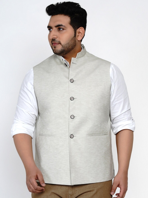 

John Pride Men Grey Woven-Design Cotton Linen Plus Size Nehru Jacket