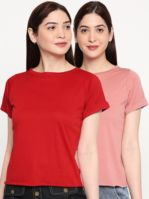 

inocenCia Women Pack Of 2 Red & Pink Solid Boat Neck T-shirt