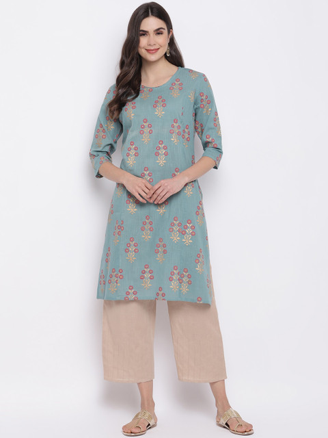 

Purplicious Women Green Floral Foil Printed Khadi Handloom Kurta