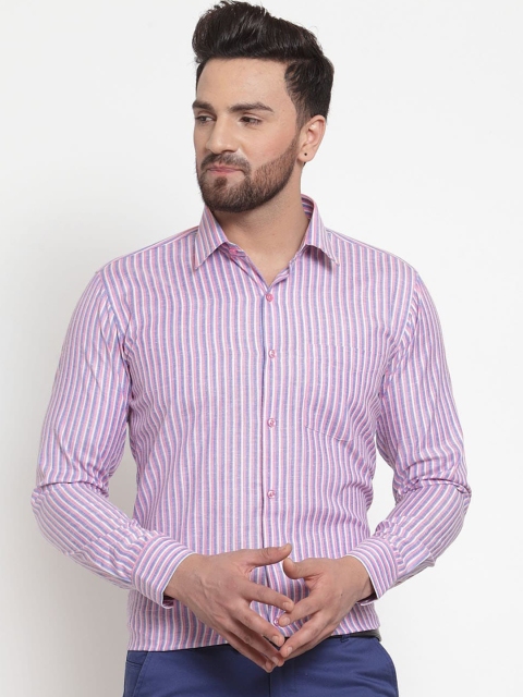 

English Navy Men Blue & Pink Slim Fit Striped Formal Shirt