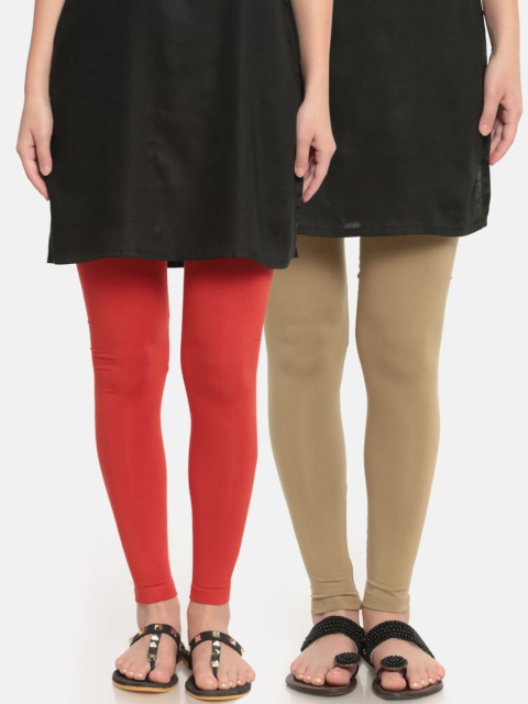 

De Moza Women Pack Of 2 Beige & Red Solid Ankle-Length Leggings