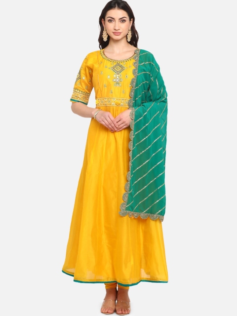 BOMBAY SELECTIONS Women Yellow Yoke Design Kurta with Churidar & Dupatta