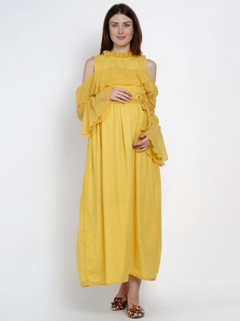 

Mine4Nine Women Yellow Solid Maxi Dress