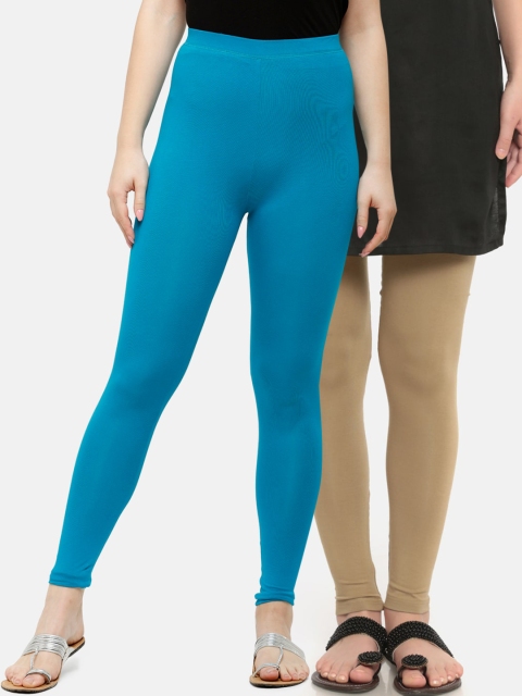 

De Moza Women Pack Of 2 Beige & Blue Solid Ankle-Length Leggings