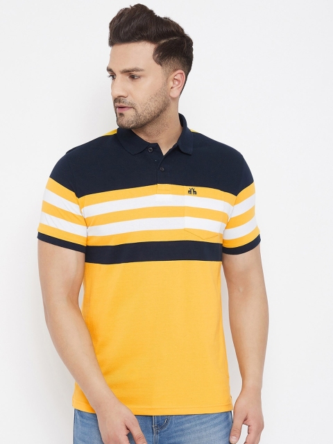 

98 Degree North Men Yellow Striped Polo Collar T-shirt