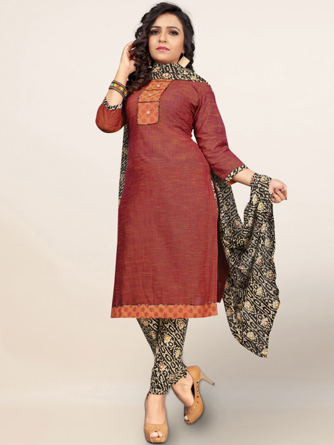 

Pothys Maroon & Black Cotton Blend Unstitched Dress Material