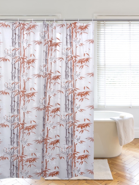 

Clasiko Orange & Grey Printed Plastic Shower Curtain With Hooks