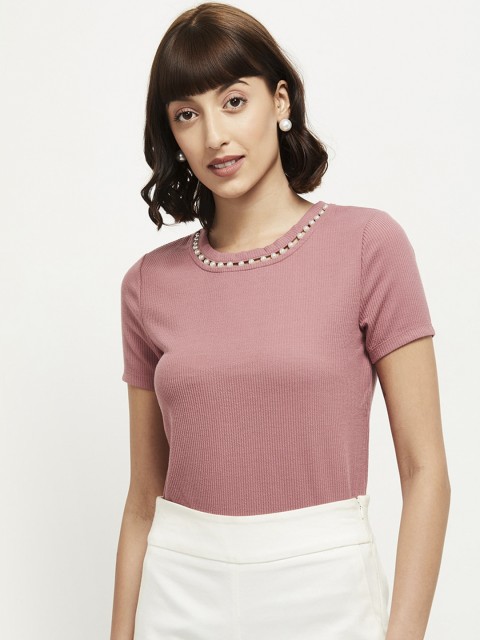 

max Pink Jewel Neck Ribbed Top