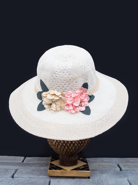 

Golden Peacock Women White & Pink Woven Design Straw Sun Hat