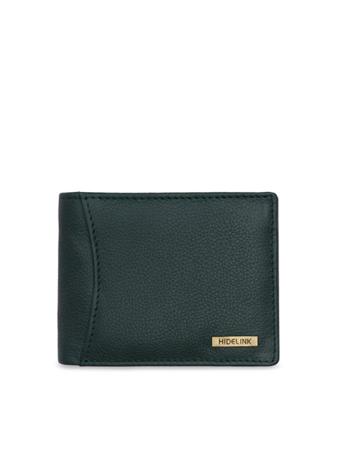 

Hidelink Men Green Textured Two Fold RFID Leather Wallet