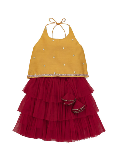 

The Magic Wand Girls Yellow & Red Embellished Top with Skirt