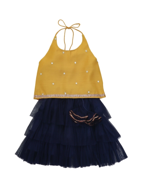 

The Magic Wand Girls Mustard Yellow & Navy Blue Embellished Top with Skirt