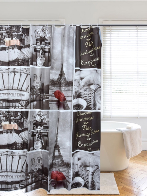 

Clasiko Black & White Printed Plastic Shower Curtain With Hooks