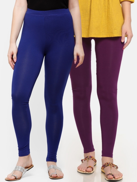 

De Moza Women Pack Of 2 Purple & Blue Solid Ankle-Length Leggings