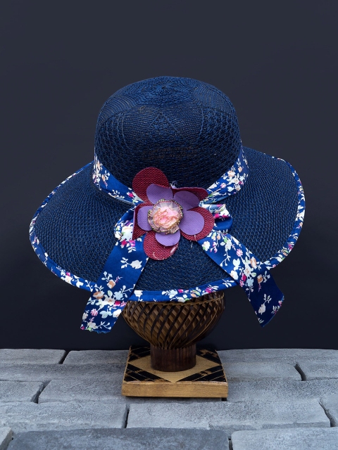 

Golden Peacock Women Navy Blue & White Woven-Design Straw Sun Hat