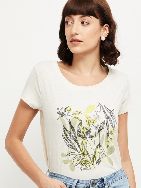 

max Women Cream-Coloured Printed Round Neck T-shirt
