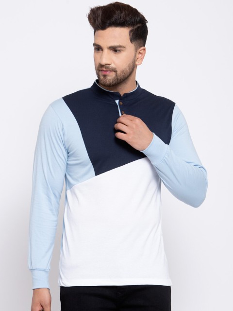 

Kalt Men White & Navy Blue Colourblocked Henley Neck T-shirt