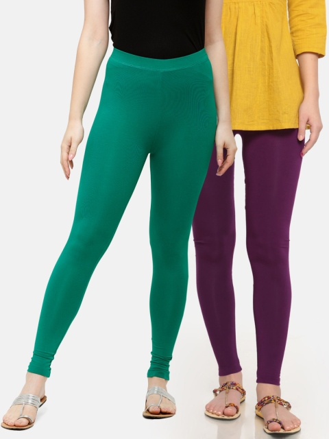 

De Moza Women Pack Of 2 Purple & Green Solid Ankle-Length Leggings