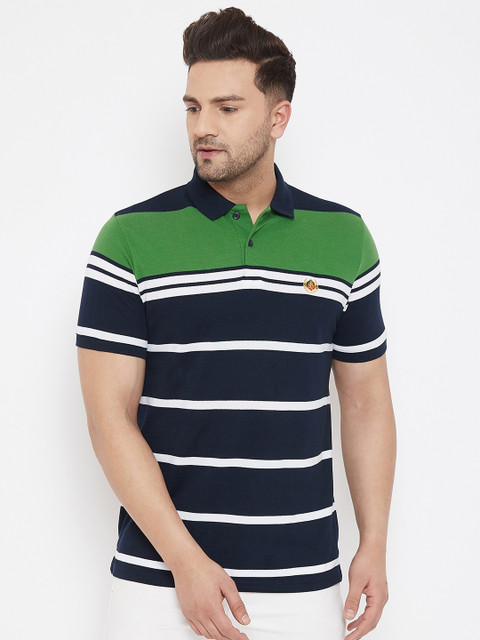 

98 Degree North Men Navy Blue Striped Polo Collar T-shirt