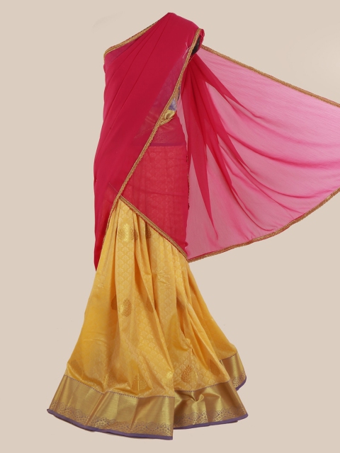 

Pothys Pink & Mustard Poly Chiffon Solid Lehenga Saree