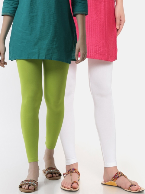 

De Moza Women Pack Of 2 White & Green Solid Ankle-Length Leggings