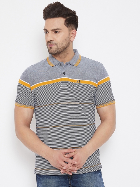 

98 Degree North Men Grey Striped Polo Collar T-shirt